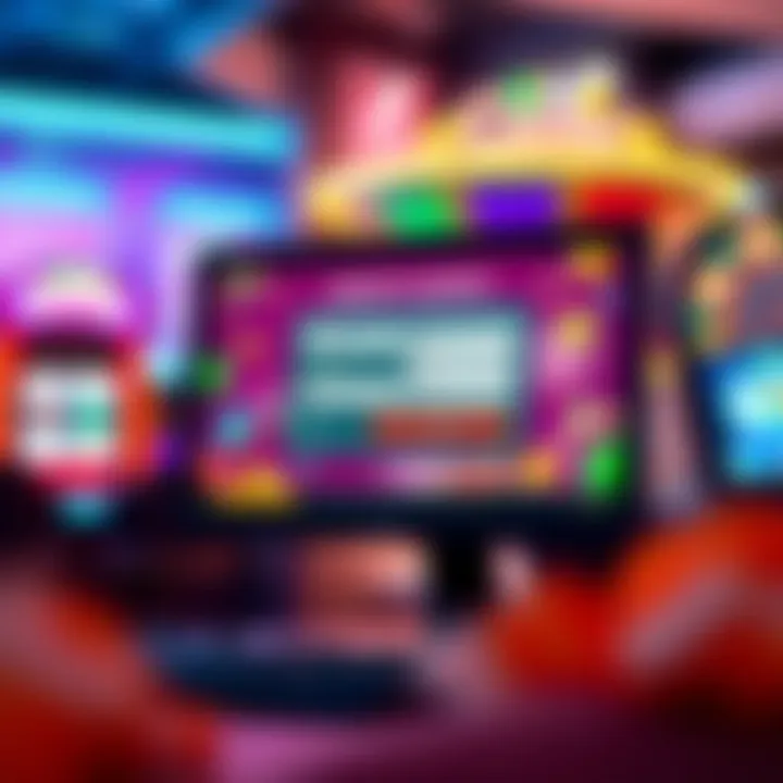 Illustration of a computer screen showing a casino registration form with a candy-themed background