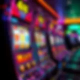 Colorful slot machine reels displaying various symbols with bright lights