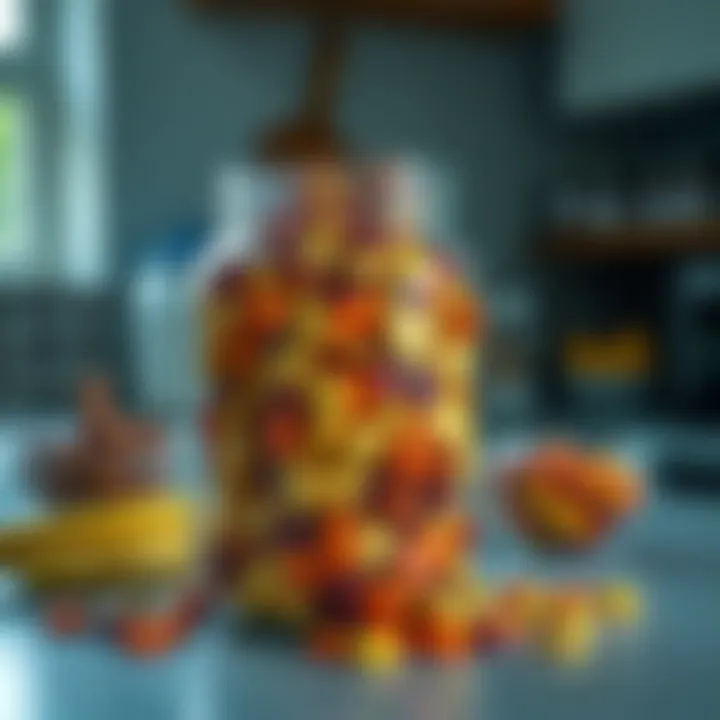 Glass jar filled with large candy chips placed on a kitchen counter alongside recipe ingredients