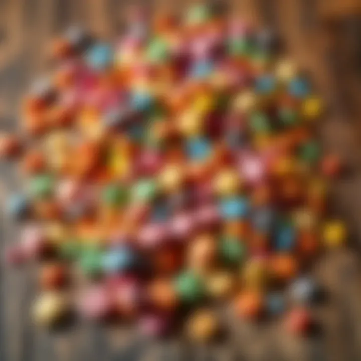 Assortment of colorful big candy chips scattered on a rustic wooden surface
