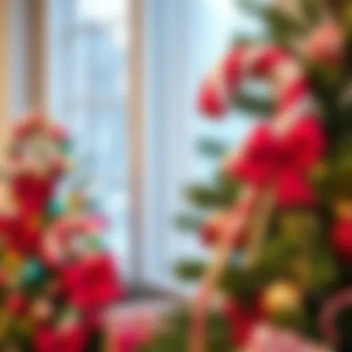 Brightly colored oversized candy cane and lollipop decorations hanging on a Christmas tree indoors