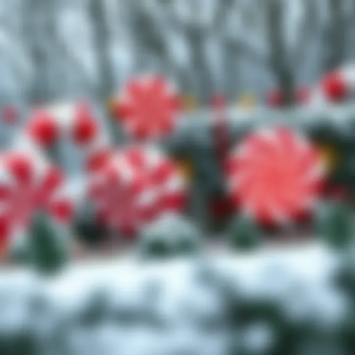 Large candy-themed Christmas decorations including giant peppermint swirls and gummies displayed in a snowy outdoor garden