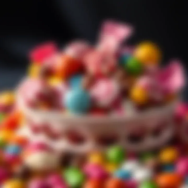 Colorful assortment of various candies arranged in a decorative bowl showcasing different textures and shapes