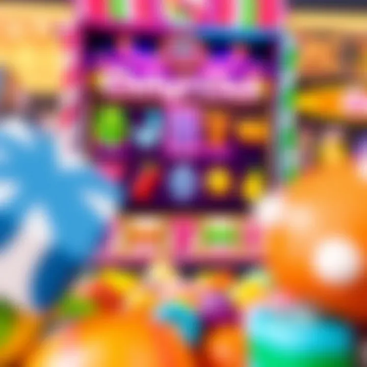 Colorful candy-themed slot game screen with vibrant sweets and bonus symbols