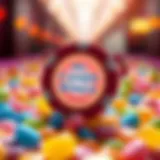 Colorful candy pieces surrounding a glowing casino chip symbolizing rewards