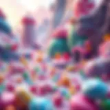 Colorful game world filled with various candy types and collectible items scattered across vibrant terrain