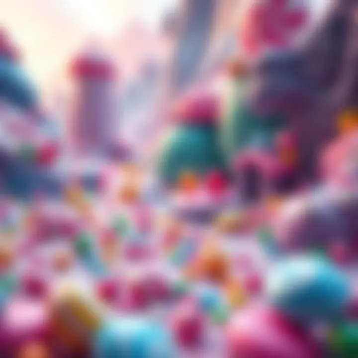Colorful game world filled with various candy types and collectible items scattered across vibrant terrain
