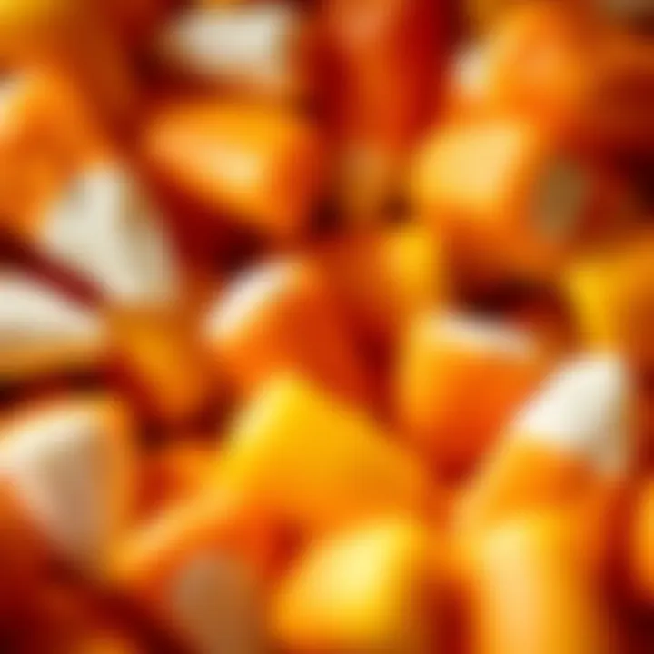 Close-up of colorful candy corn assortment highlighting vivid layers of yellow, orange, and white