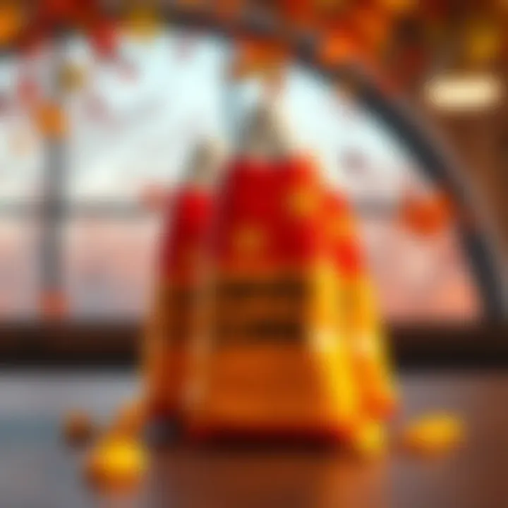 Candy corn packaged in modern wrappers displayed against an autumn-themed background