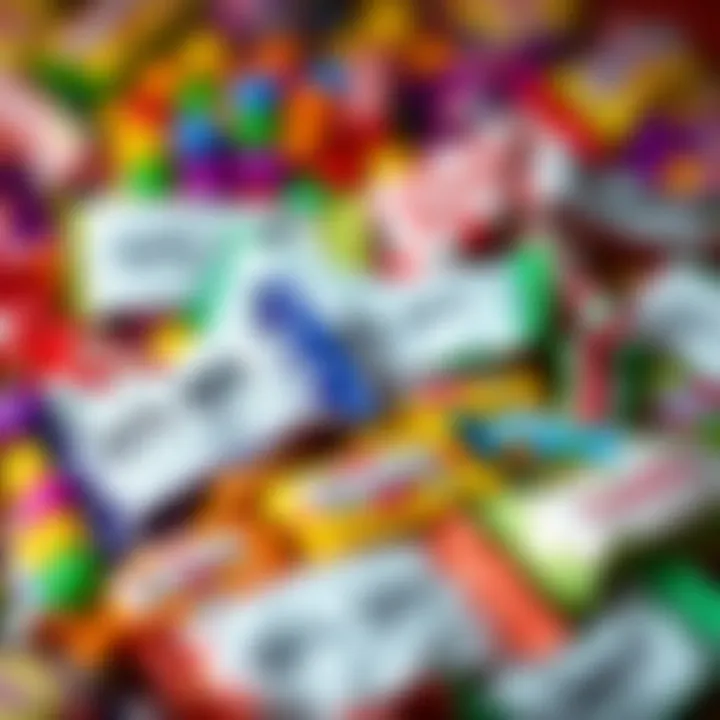 Colorful assortment of candy wrappers with discount coupon overlays