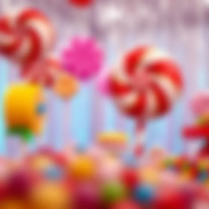 Large colorful candy decorations arranged in party setting
