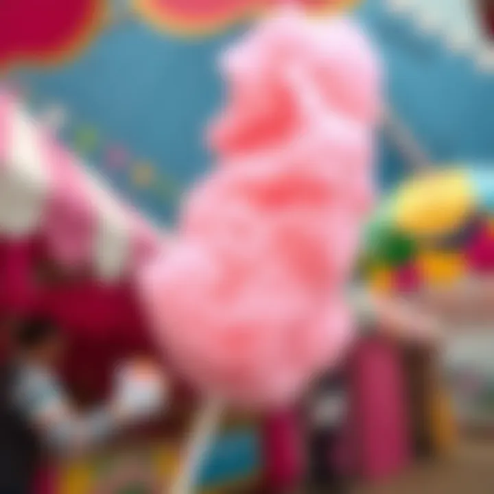 Bright pink fluffy candy floss on a stick against a colorful fair background