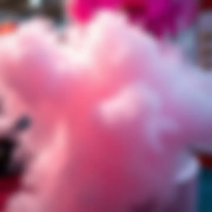 Close-up of a large candy floss machine spinning pink sugar into fluffy cotton candy