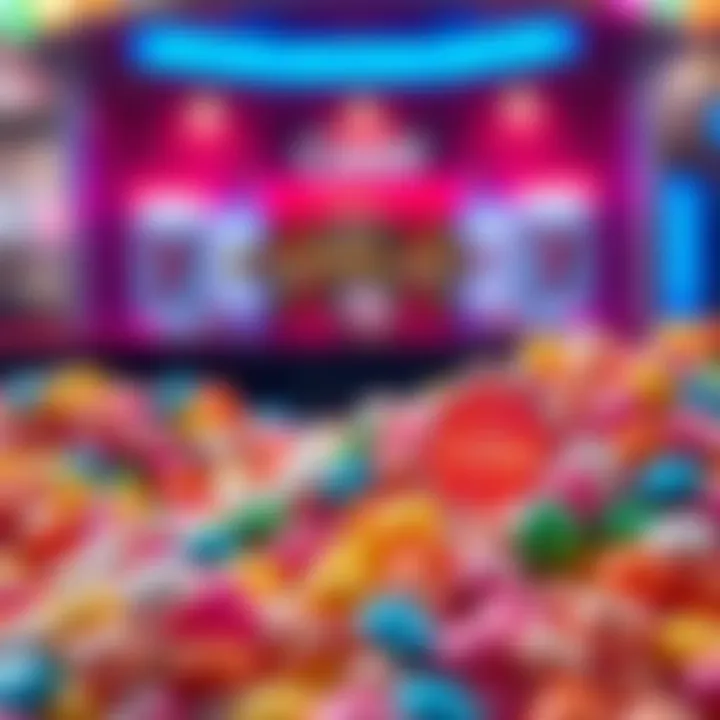 Illustration showing colorful candy pile with a bright chip symbol nearby representing no deposit bonus offers in online gaming