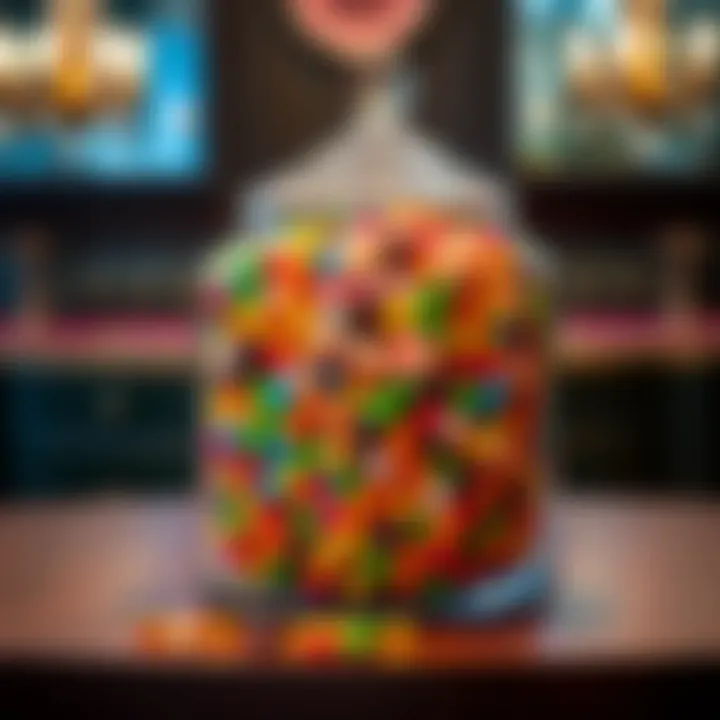 A large glass candy jar filled with colorful assorted candies placed on a wooden table