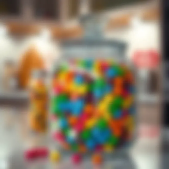 Clear glass candy jar filled with colorful assorted sweets on a kitchen countertop