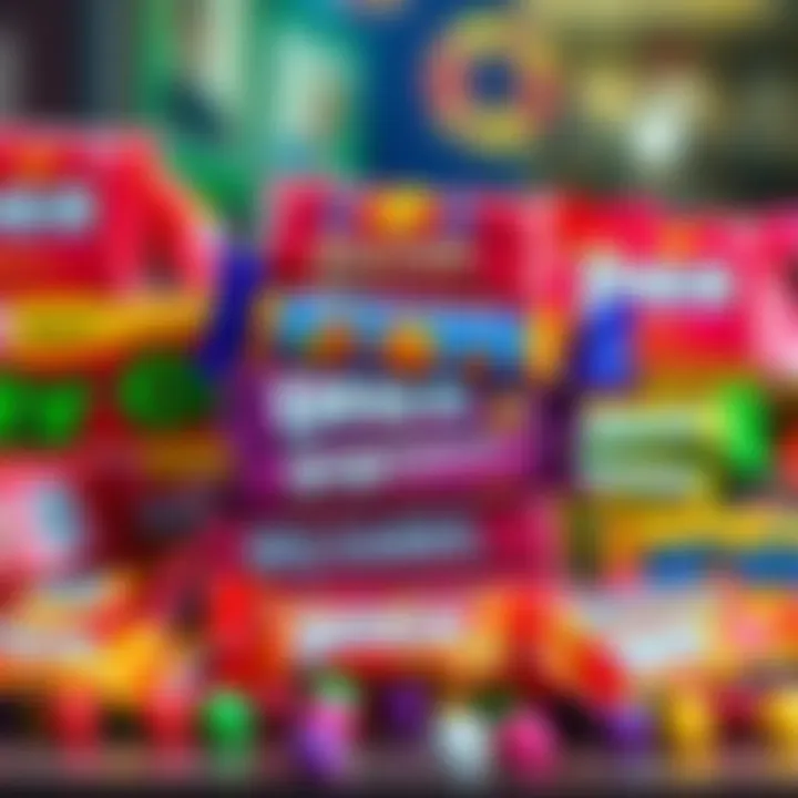 Colorful assortment of large candy bars stacked with vibrant wrappers