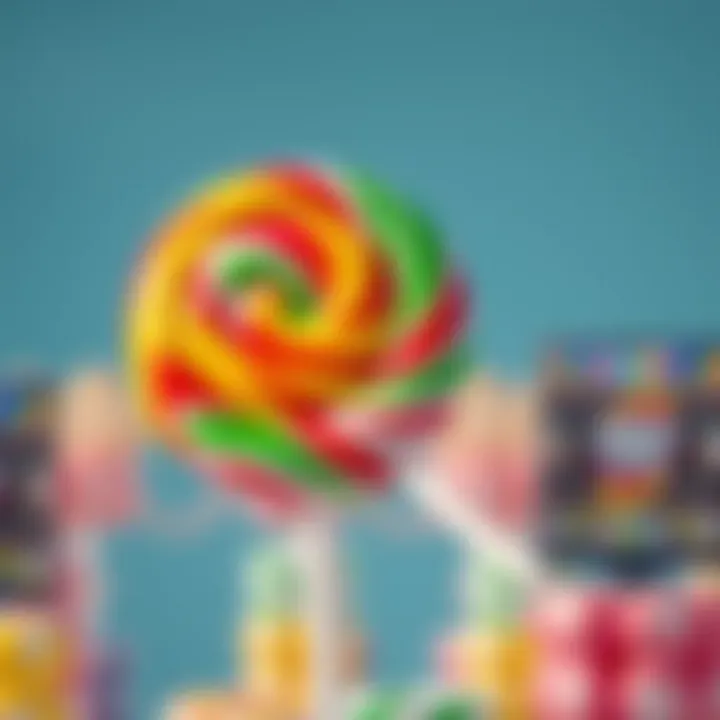 A colorful oversized candy lollipop with vibrant swirls of red, yellow, and green on a white stick displayed against a bright background