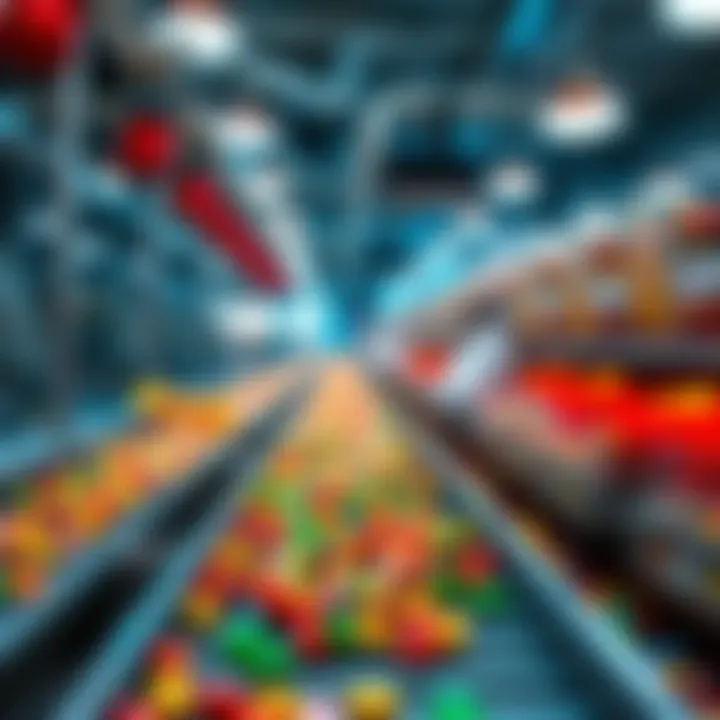 Candy factory conveyor belt with assorted colorful candies under bright lights