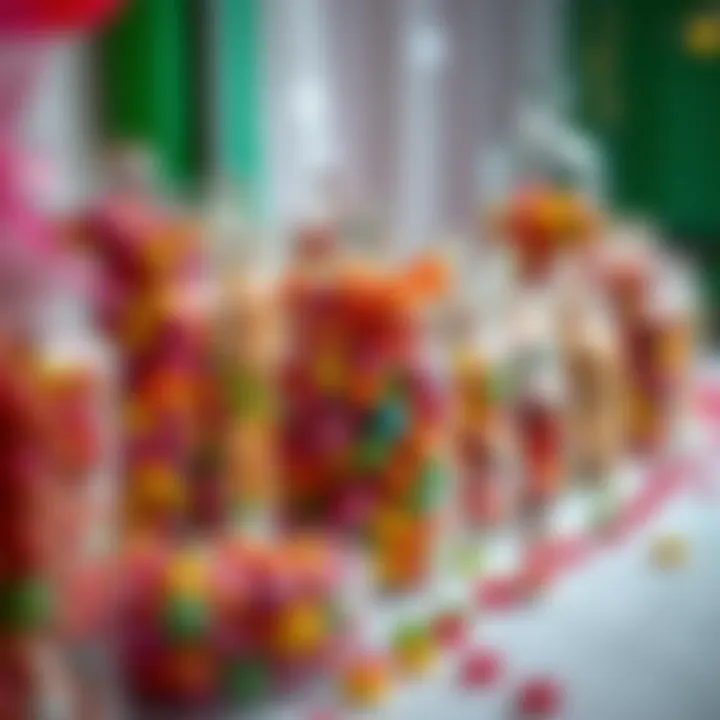 Candy jars filled with different flavored sweets arranged on a party table