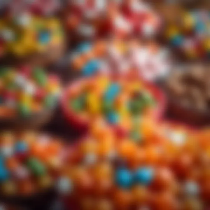 Assorted colorful candies in various shapes and sizes displayed in bowls