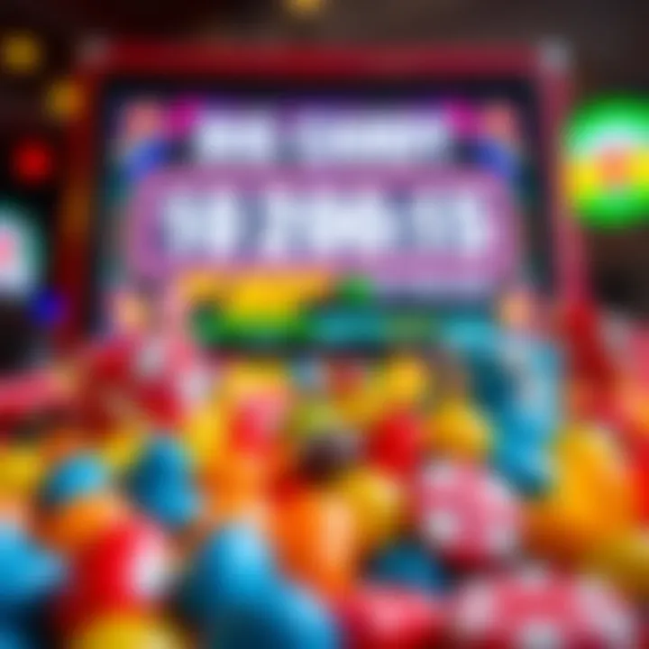 Bright colorful candies with casino chips and a digital bonus code displayed on a screen