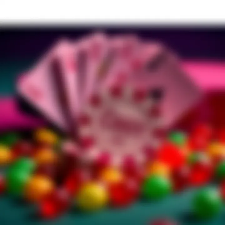 Colorful candy pieces surrounding casino chips and playing cards