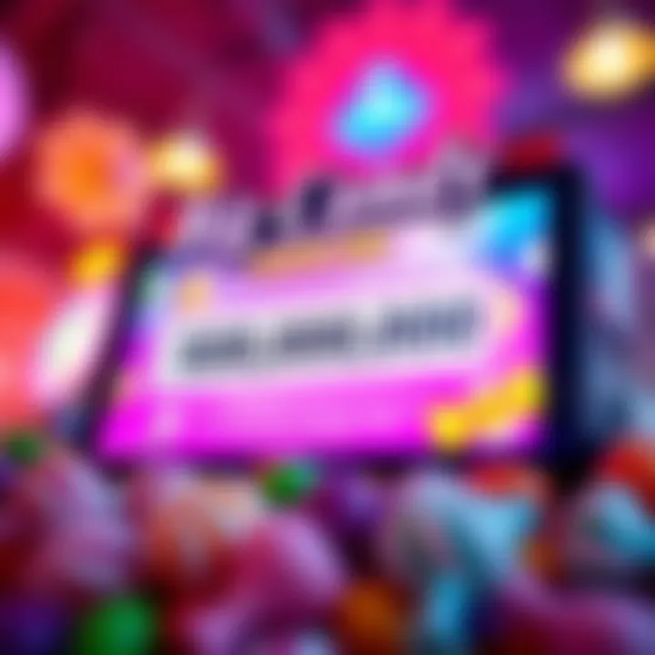 A digital coupon code displayed on a vibrant screen surrounded by candy icons