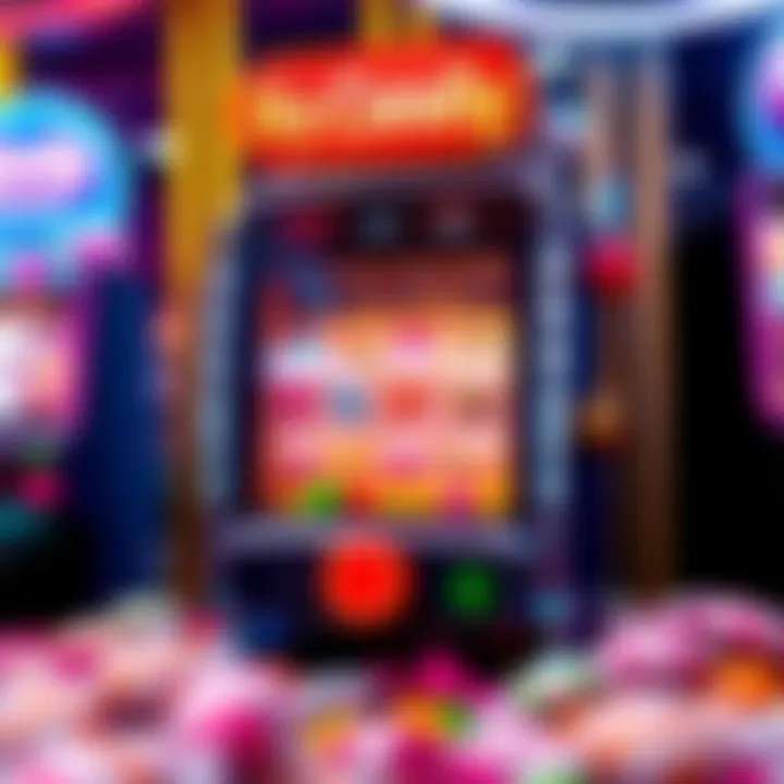 Illustration of a digital slot machine surrounded by colorful candies representing online casino rewards