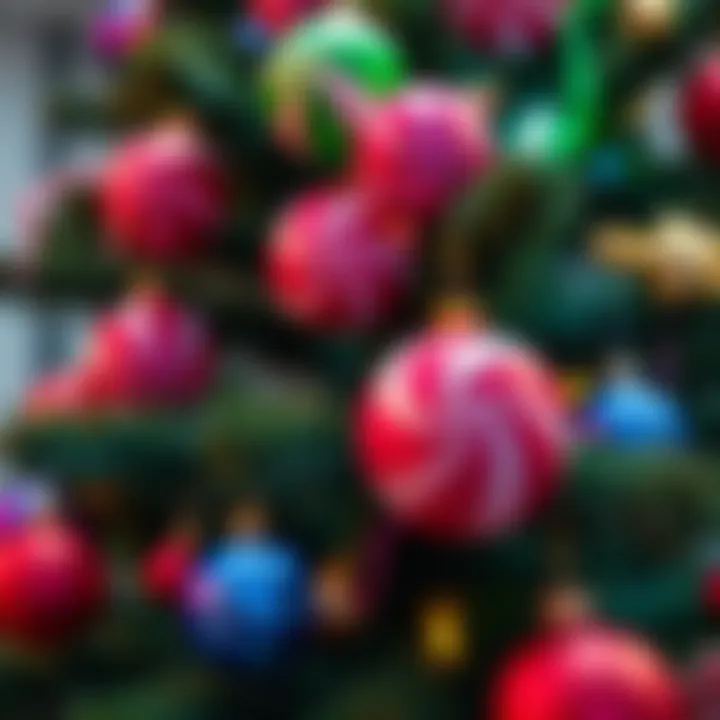 Christmas tree decorated with large candy-shaped ornaments in vibrant colors