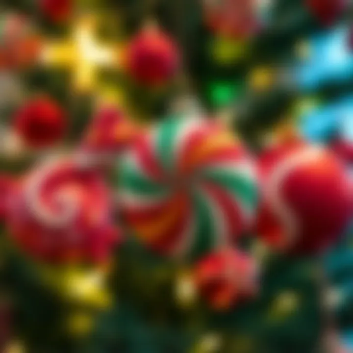 Colorful oversized candy-shaped ornaments hanging on a decorated Christmas tree with twinkling lights