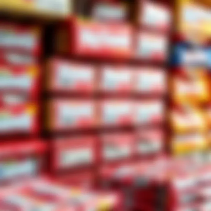 Organized Storage of Big Candy Packs Stacked big candy packs arranged for easy storage with labels visible
