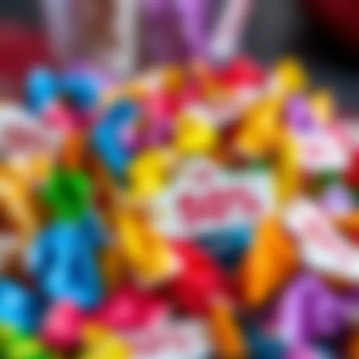 Colorful assortment of candy wrappers with discount tags attached