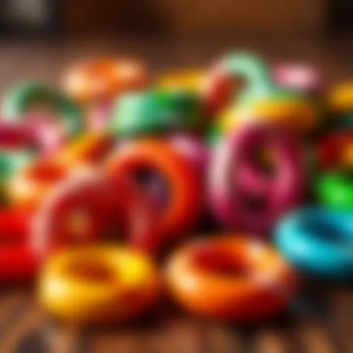 Colorful assortment of oversized candy rings in various vibrant colors and shiny finishes arranged on a wooden surface