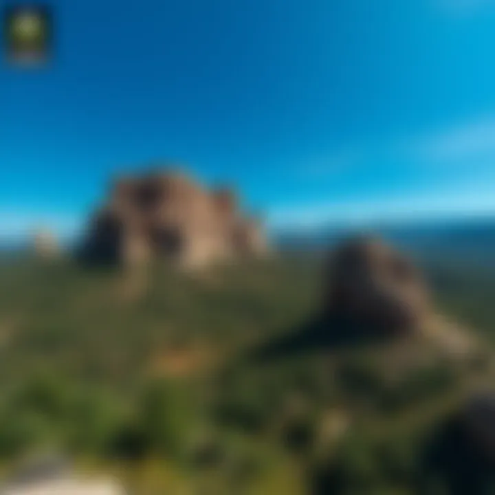 Panoramic view of Big Candy Rock Mountain showcasing its unique rocky formations and surrounding forest landscape under a clear blue sky