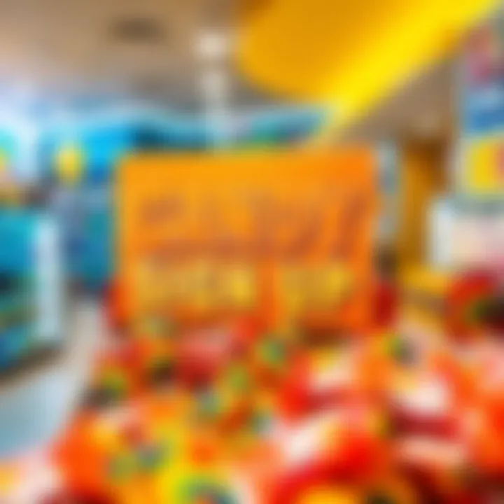 Brightly colored candy sign up display on a retail counter attracting customer attention