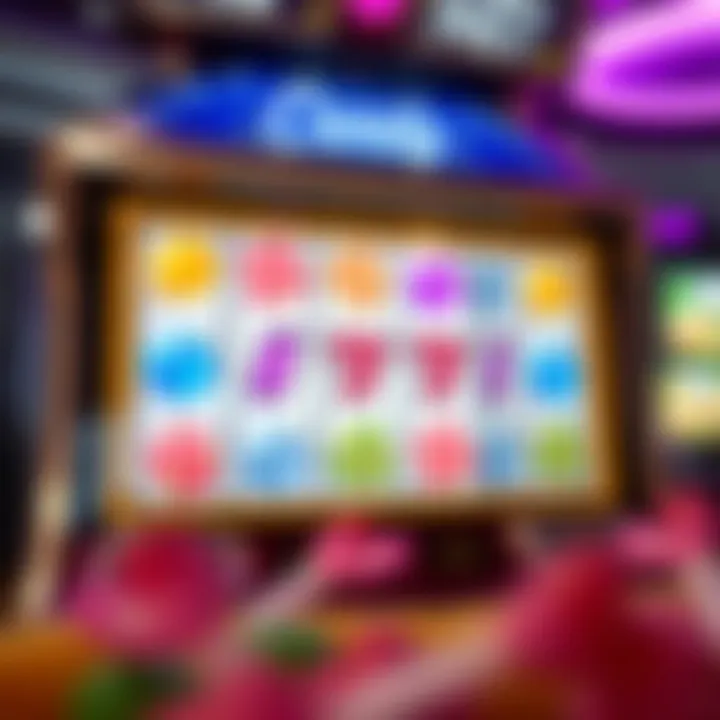 Slot machine displaying bonus round with candy symbols and sparkling effects
