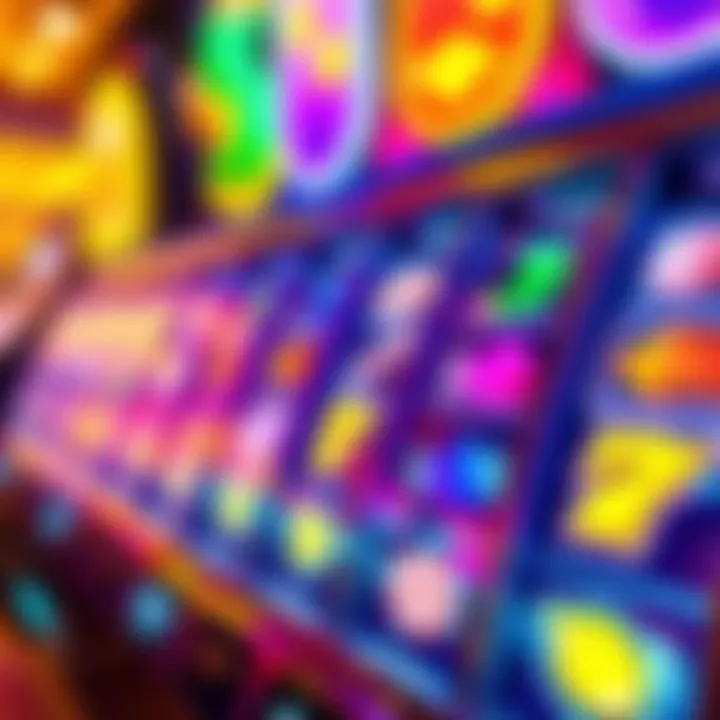 Colorful slot game reels with candy-themed symbols and bright lights