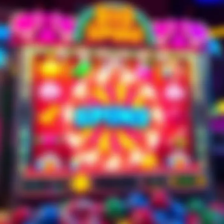 Colorful candy-themed slot game interface showing a Big Candy Spin feature with vibrant symbols and reels