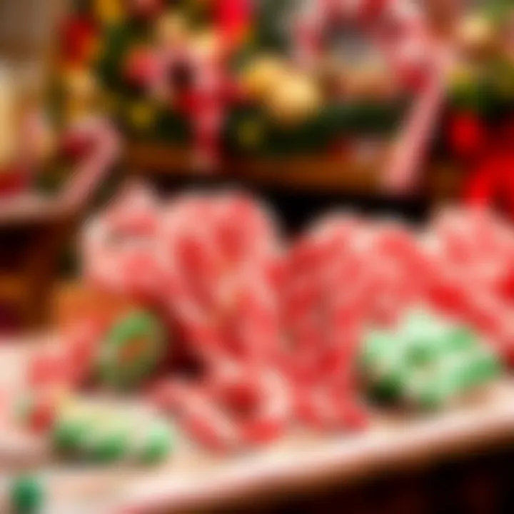 Assorted big candy canes in various colors arranged on a holiday-themed table