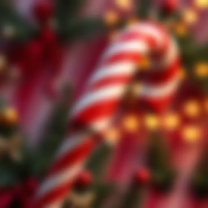 Close-up of a large red and white striped candy cane with shiny surface on a festive background