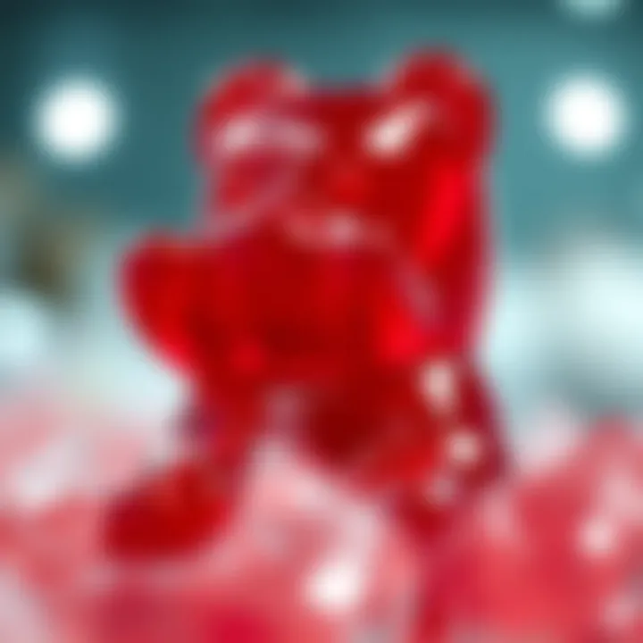 Close-up of a large translucent gummy bear candy in vibrant red color