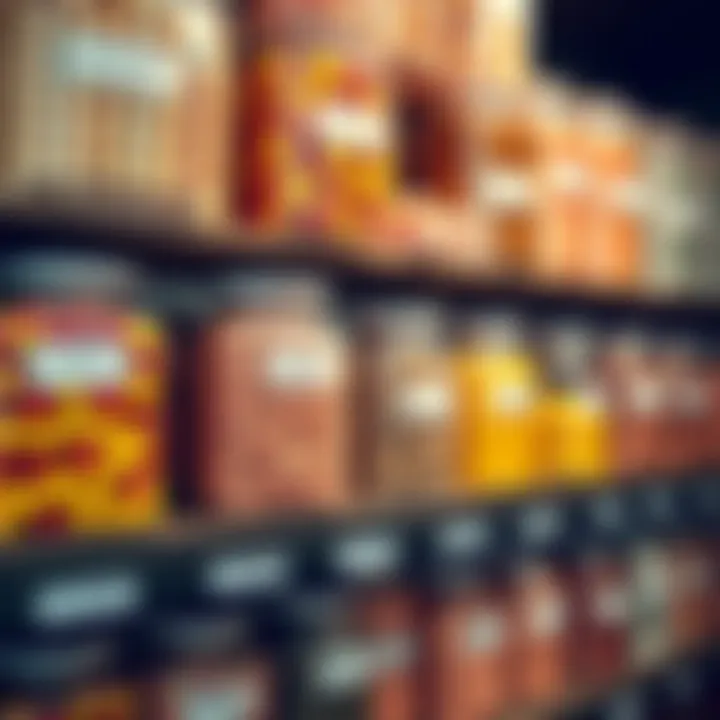 Organized storage of bulk big candies in labeled jars on shelves