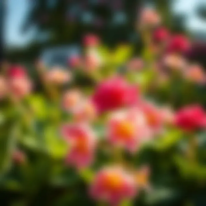 Vibrant candy blossom flowers blooming in a sunny garden bed full of rich green leaves