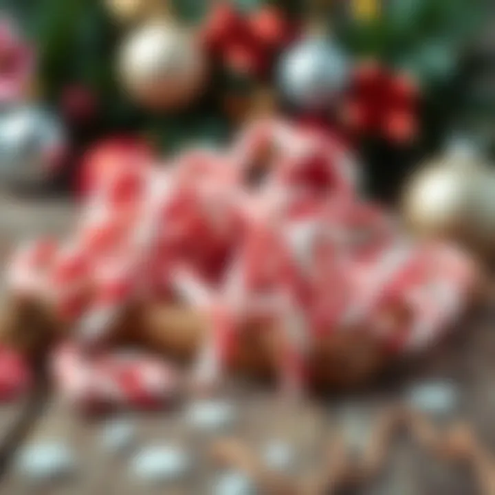 Variety of candy cane flavors displayed on a rustic wooden surface with holiday ornaments
