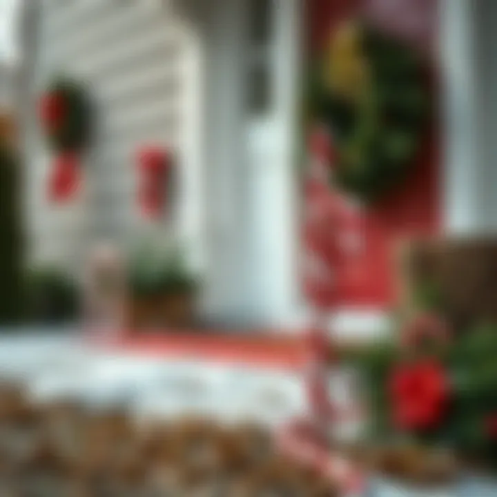 Close-up view of a sturdy candy cane stake secured into the ground beside a porch with evergreen garlands