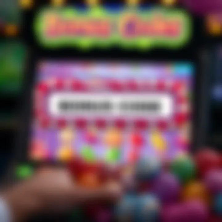 User interface of a candy game displaying bonus code input field with vibrant candy graphics