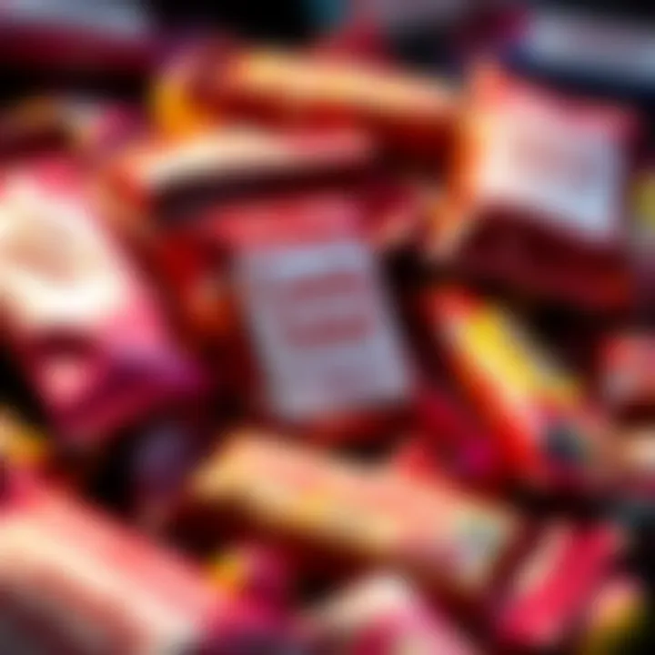 Close-up of candy packages with promotional labels indicating special offers and bonus discounts