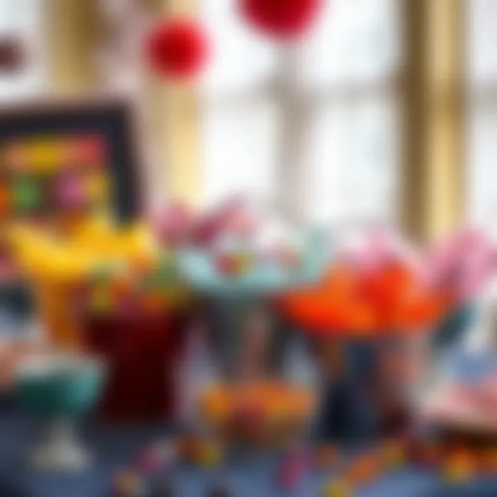 Various big candy buckets in different materials and vibrant colors displayed on a party table