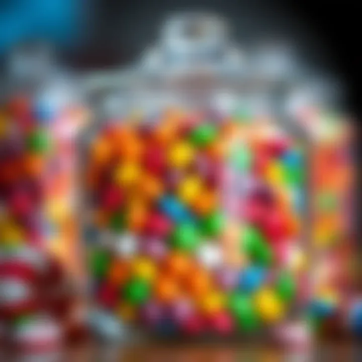 Close-up of a clear glass candy jar filled with colorful sweets and a sealed lid
